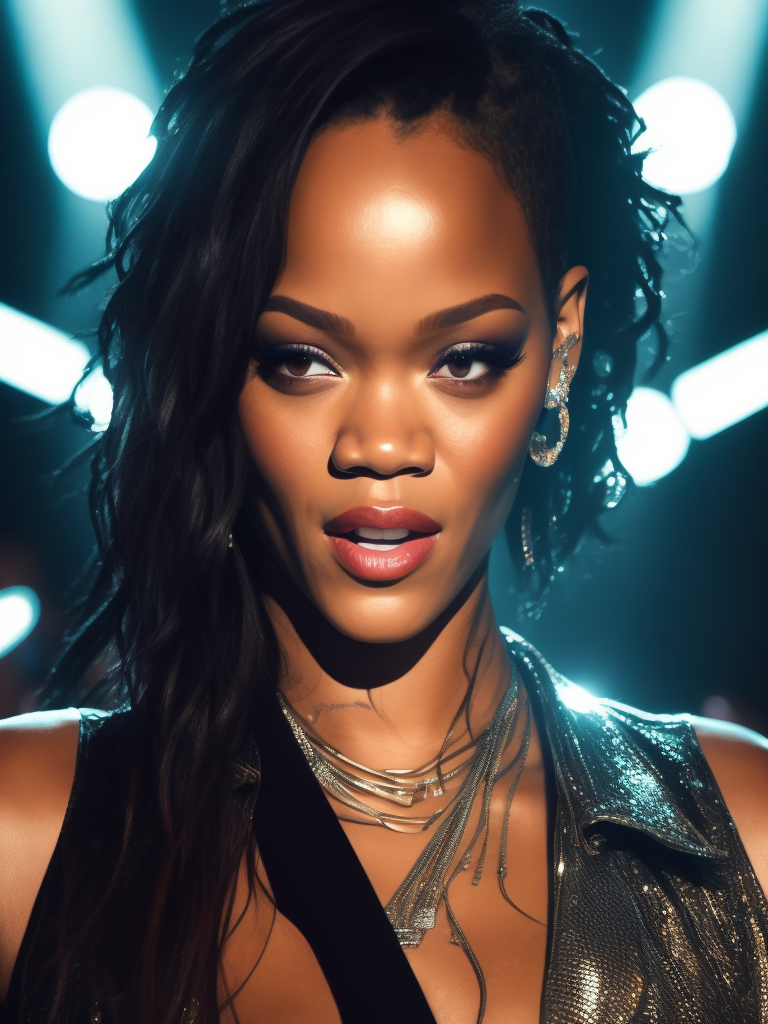Singer Rihanna sings at a concert, spotlights, bright lights, Vivid saturated colors, Contrast light, professional photo, Detailed image, detailed face,
