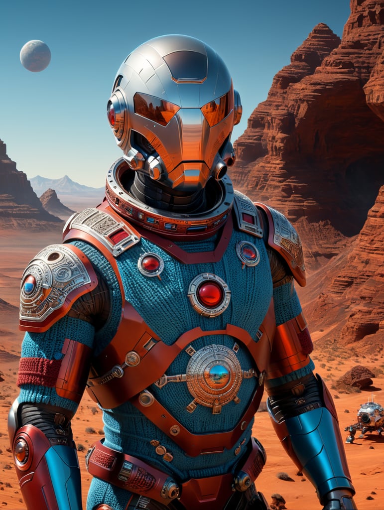 Minimalist fashion, astronauts, Futuristic, movie still, Mars, Knitted Vests, aztec art, dark and intricate, colorful, grotesques, sculpted, style ezpressive, mars, foil, glass, Futuristic robot. Color Palette: Silver, reddish-brown, deep red, dark gray, sky blue