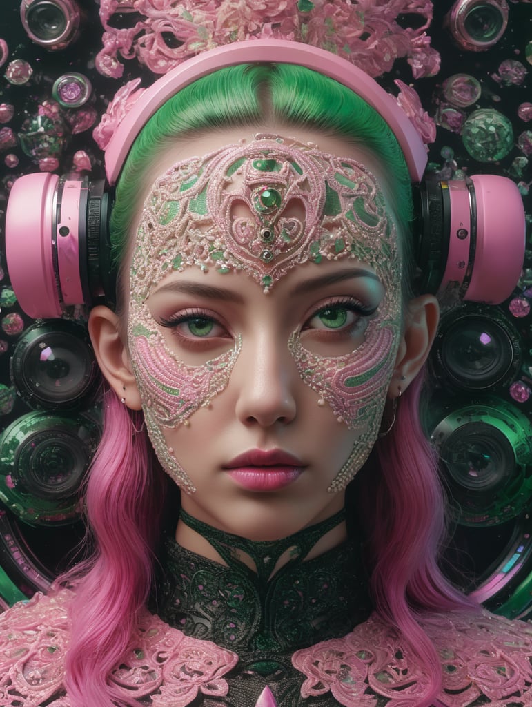 pink green black cream noise patterns risograph girl, happy surrealism, fashion, shot on sony, edited with Maya, Nuke, Blender, Fusion, Houdini