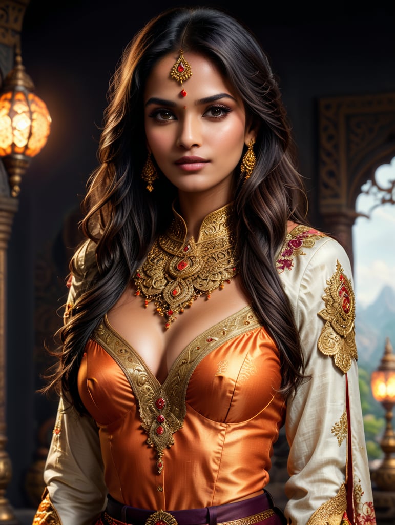 3D cartoon Disney character portrait render. A stunning Indian beauty, adorned in traditional Selvaar Kameej clothes, which accentuate her hourglass figure and graceful movements. Her long, black hair cascades down her back in gentle waves, framing her flawless, warm-toned complexion. Her piercing dark eyes seem to hold a world of wisdom and beauty, captivating the viewer instantly. She wears a sleeveless, off-white blouse with intricate embroidery at the neckline and cuffs, complemented by a pair of flowy, ankle-length pants in a rich shade of burgundy. The pants are fashioned from fine, silky material and feature intricate gold embroidery running along the hem, drawing attention to her slender legs. A thin gold belt accentuates her narrow waist, further enhancing her feminine figure. Around her head, she wears a bright orange and gold stole, draped artfully over her shoulders and cascading down her back. Jewelry adorns her ears, neck, wrists, and fingers, with a large, intricately designed gold pendant hang