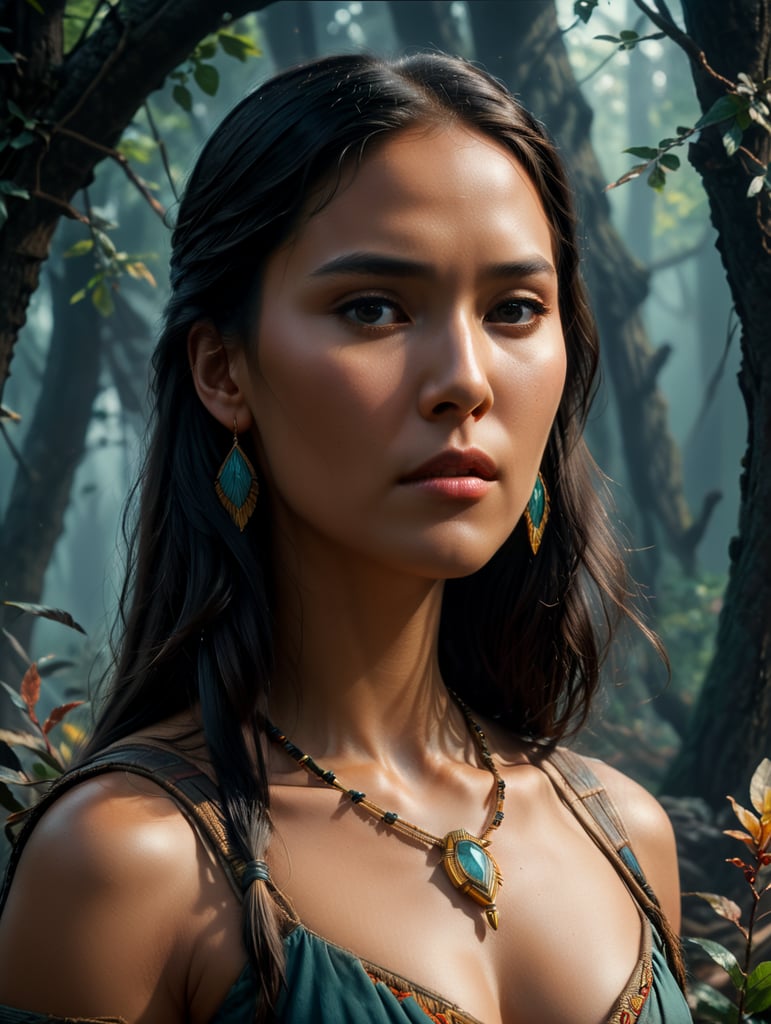 Pocahontas, 0Il lustration, Painting, Oil, Watercolor, Portrait, USA, style of Will Barnet