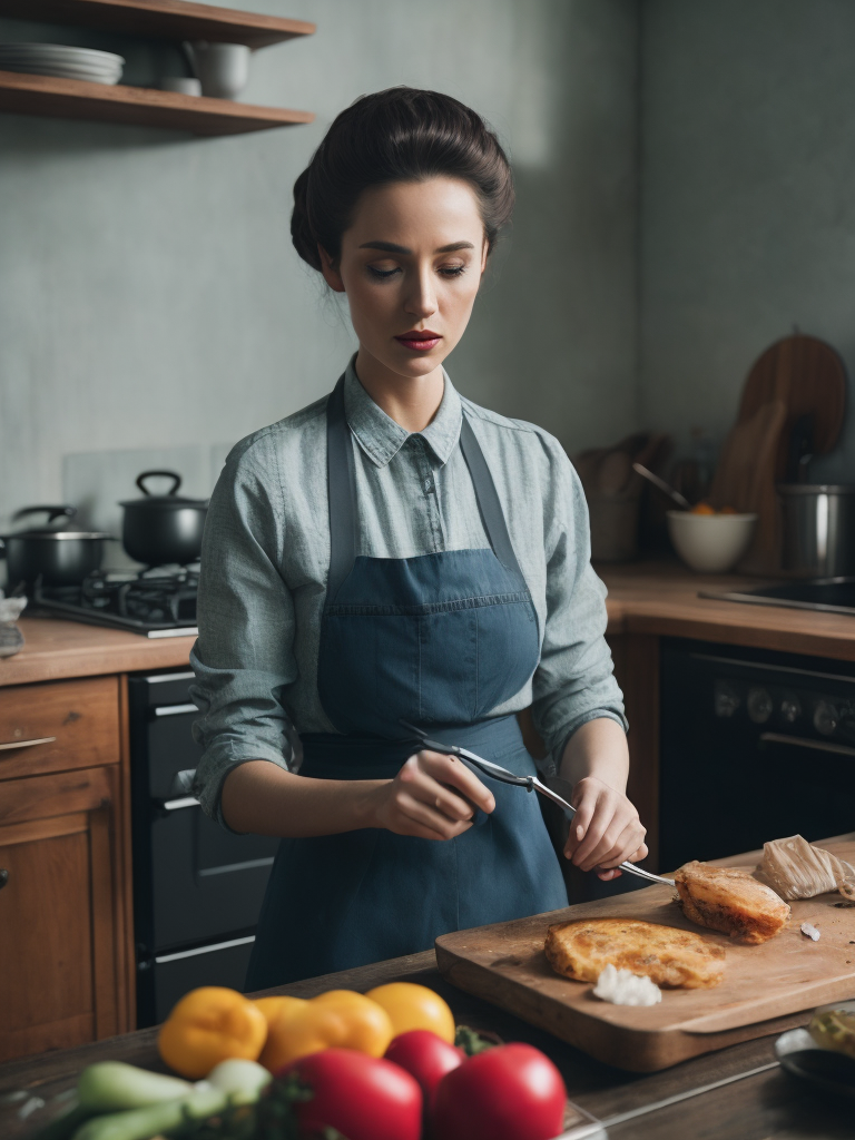 A young beautiful 1950s housewife cooking in kitchen anatomically correct. perfect fingers on hand, extremely detail in kitchen. perfect composition and lighting. sharp focus. high - contrast surrealistic photorealism.
