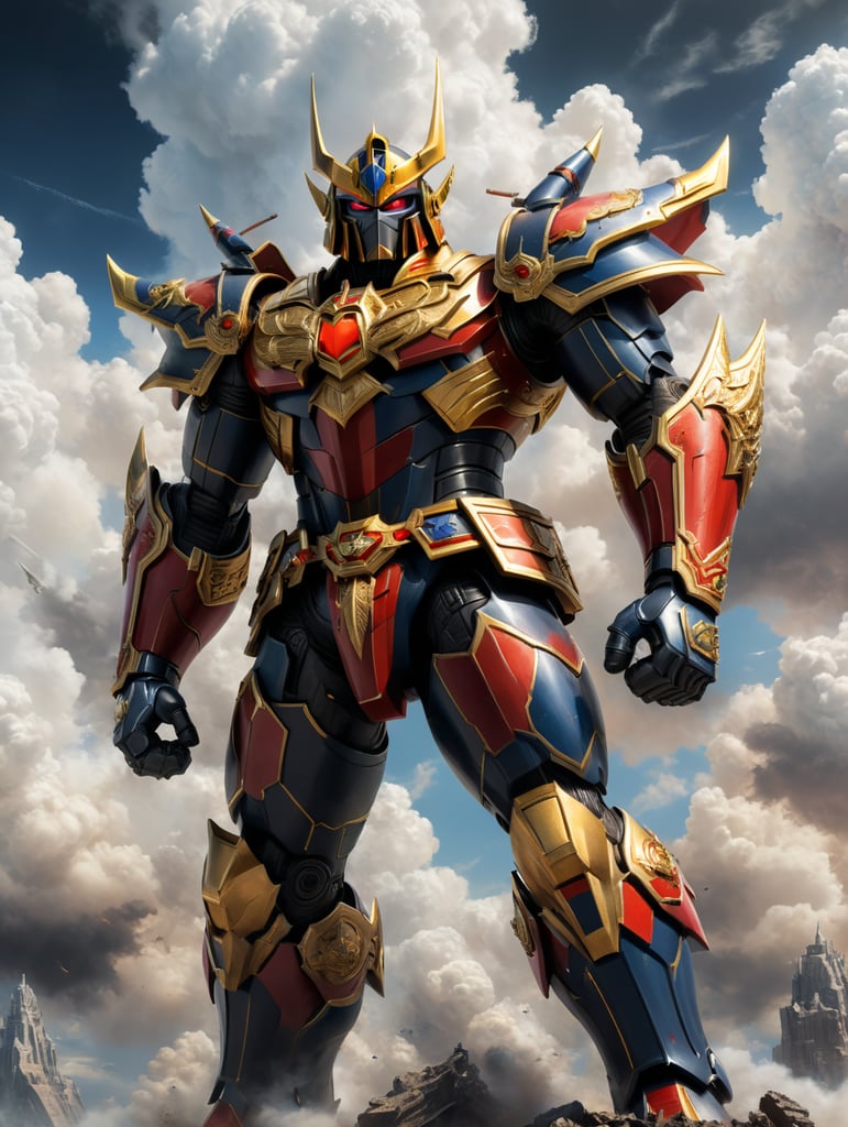 Goldorak standing in battle pose on white background with details of clouds in the background, anime style