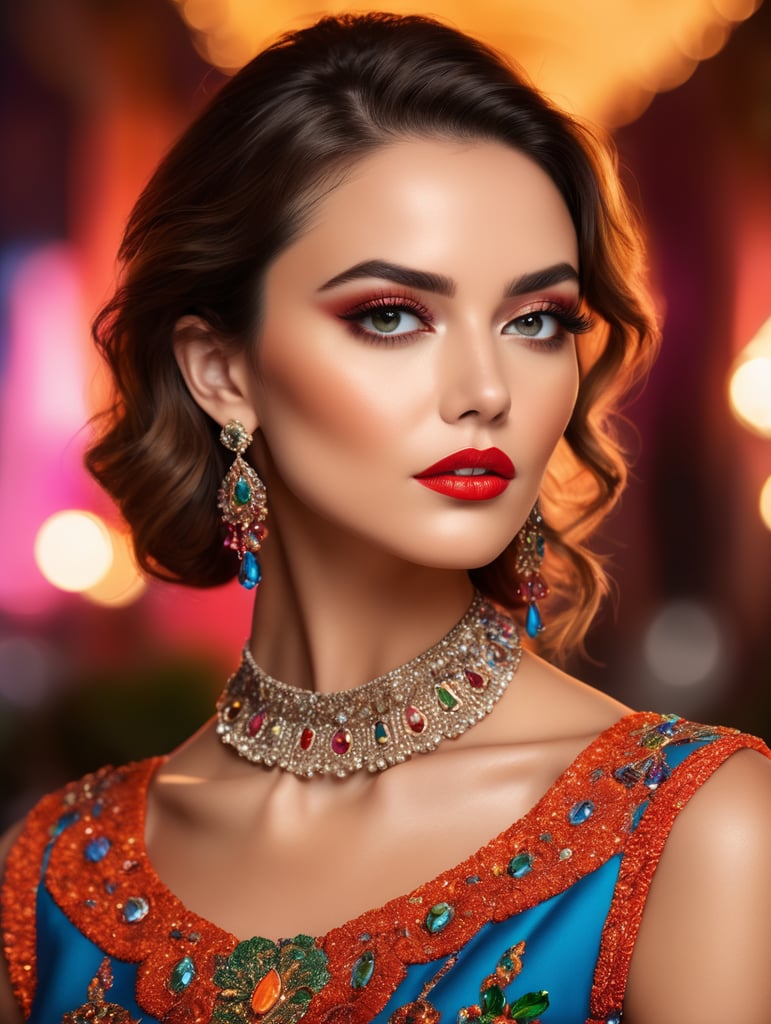 Portrait of Elizabeth Tabish, bright and saturated colors, elegant, highly detailed, vogue, fashion magazine, sharp focus, bright expressive makeup, dramatic lighting, depth of field, incredibly high detailed, blurred background