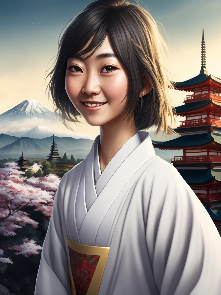 A cute and smiling Japanese skinny girl in a white kimono, Mount Fuji and pagodas in the distance. Miyazaki watercolor style details. clear, sharp and colorful high-resolution picture.