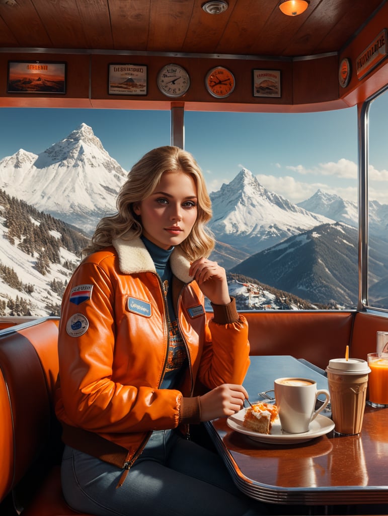 A beautiful Dutch girl girl in a 70’s mountain top diner. A slice of hot pie with cream and a coffee on the table she is sat at. She is wearing an orange ski jacket. Reportage shot. Canon with Kodak film. Telephoto