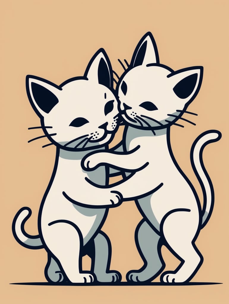 Simple figural illustration of a two kittens playing, solid color background, Keith Haring style graffiti, sharp illustrations, bold lines and solid colors, simple details, minimalism