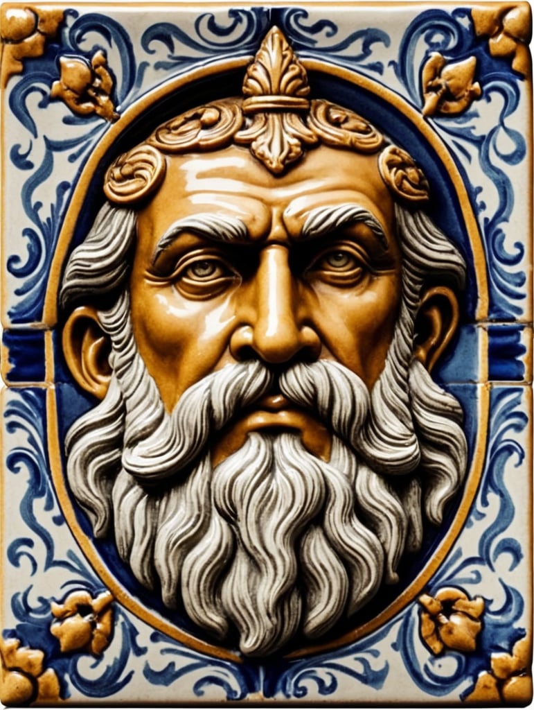 Square ceramic glazed tile with medieval art Poseidon head, Azulejo