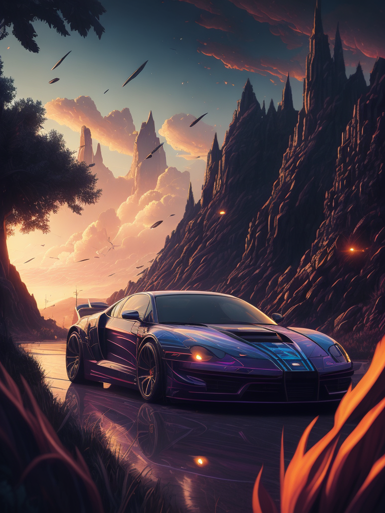 Illustration of super cars by dan mumford, alien landscape and vegetation, epic scene, a lot of swirling clouds, high exposure, highly detailed, fantastical, vibrant purple tinted colors, uhd