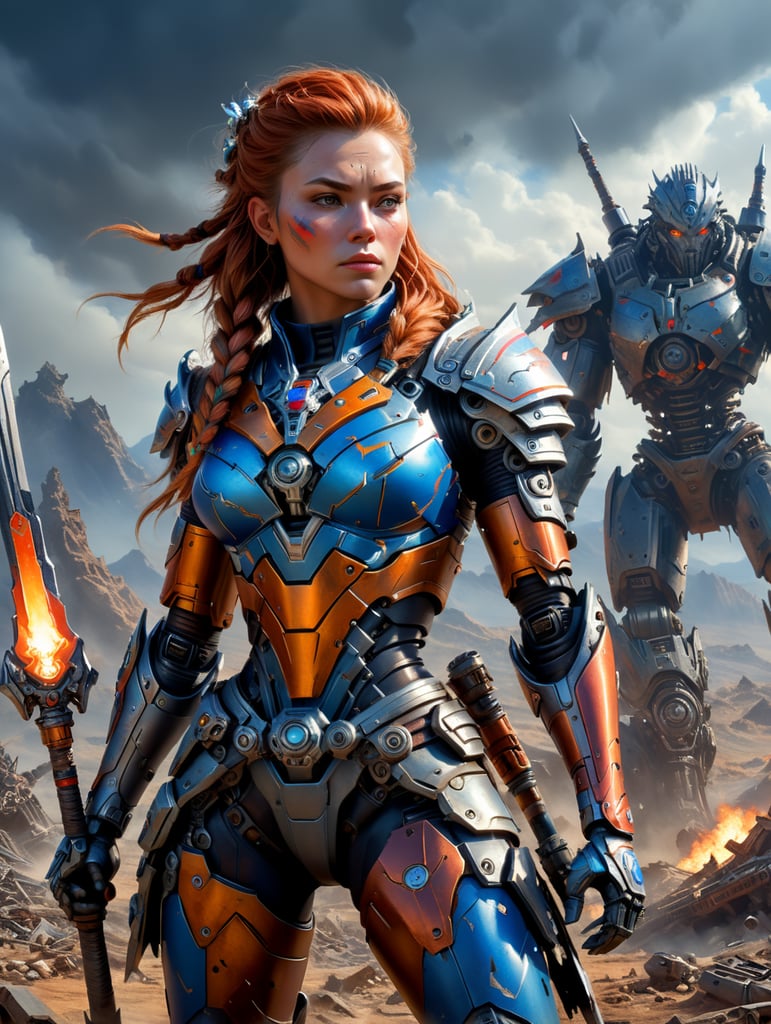 Aloy the beautiful Savior of Meridian, with torn clothes from the waist up, holding a lance. She alone stands triumphant over the destroyed body of a giant mechanical android. In the background a desolate wasteland.