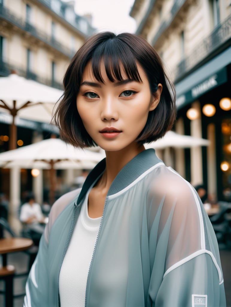 Portrait of a beautiful japanese fashion model with bob-cut hair and a sporty athleisure outfit, ethereal dreamy foggy, photoshoot by henri cartier bressons, editorial fashion magazine photoshoot, fashion poses, in front of parisian café terrace. kinfolk magazine. film grain. a soft smile