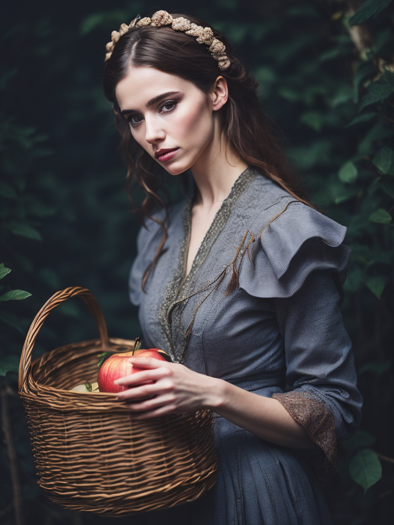 Portrait of a Beautiful women from Russian fairy tale wearing traditional costume holds wicker basket with apple