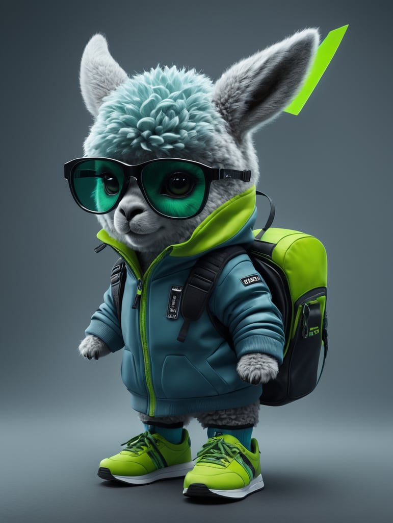 cute stylish Alpaca dressed in stylish futuristic sportswear clothes, big sneakers and a futuristic glasses green blue hesh