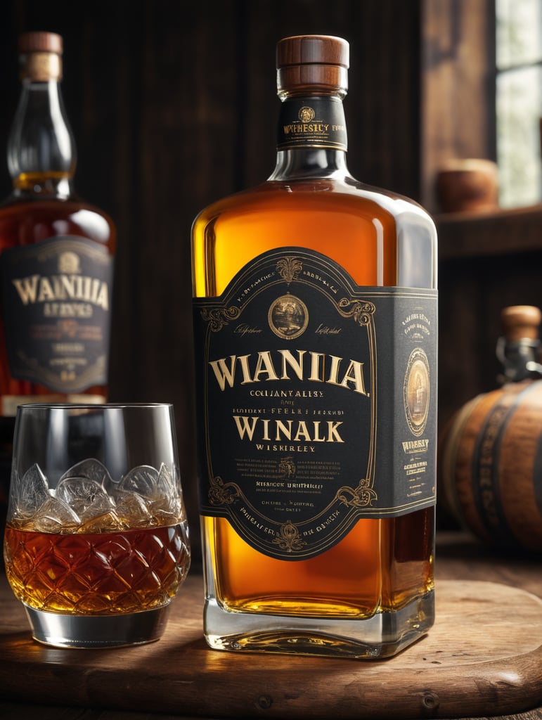 I want to make a 500ml whiskey bottle with an amber drink inside, filled to the top with a wooden stopper and an embossed logo that says "Vania". A bottle and glass of whiskey with lemon inside should stand on the barrel. The drink is whiskey based so we want the branding to be true to the old Irish style with the label being flat and printed.
