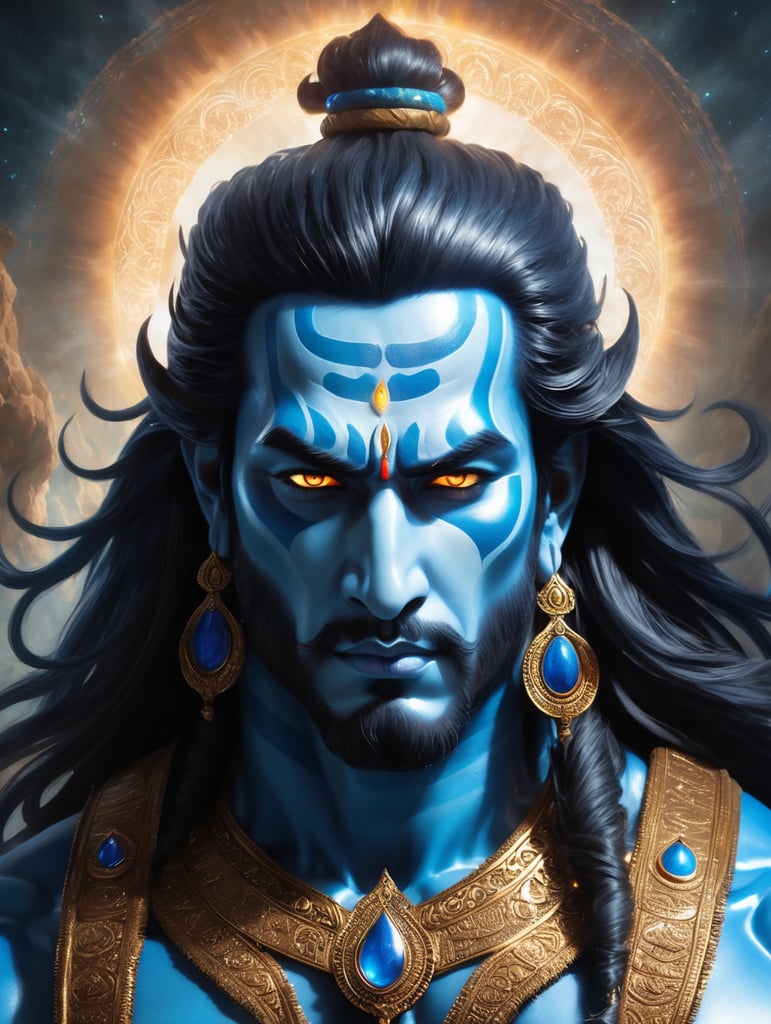"A powerful and majestic depiction of Lord Shiva, with blue skin glowing in a divine light. His face is filled with intense anger, and his eyes radiate fierce energy. From his third eye, a beam of fiery energy (laa) is emerging, symbolizing his supreme power. Shiva's body is muscular, with defined six-pack abs, showcasing his strength and vitality. His long, flowing hair is styled in an intricate manner, framing his face and extending down his shoulders. The expression on his face and the commanding aura around him exude an overwhelming presence, compelling all to bow before him. The background is dramatic, with cosmic elements reflecting his divine nature."