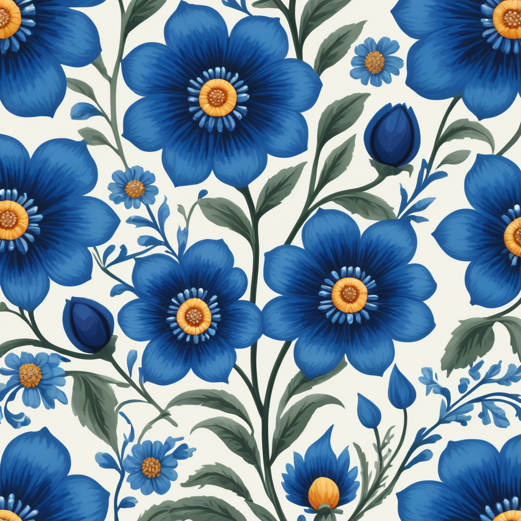 Seamless pattern beautiful floral pattern with blue flowers in the background, in the style of polish folklore motifs, juliana nan, mexican folklore - inspired, tivadar csontváry kosztka, clara peeters, texture exploration, blue color scheme, blue pallete, amoled, 264k render HD
