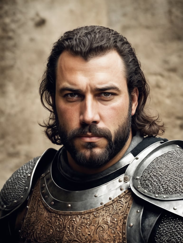 Portrait of a burly medieval knight, no helmet, good, handsome