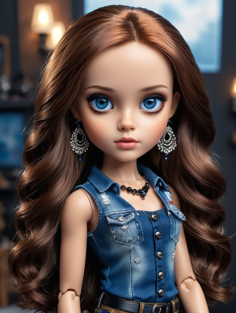 This is Katie, she had medium length brown auburn hair and blue eyes she wears dark wash jeans with a black studded tank and lots of silver jewelry. Make Katie a Blythe Doll in a box