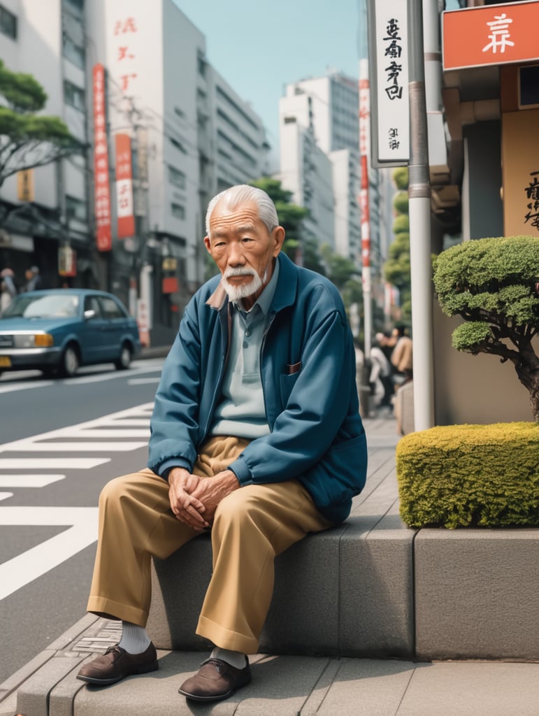An old man sitting on the curb in tokyo, illustration by Hergé, perfect coloring, 8k