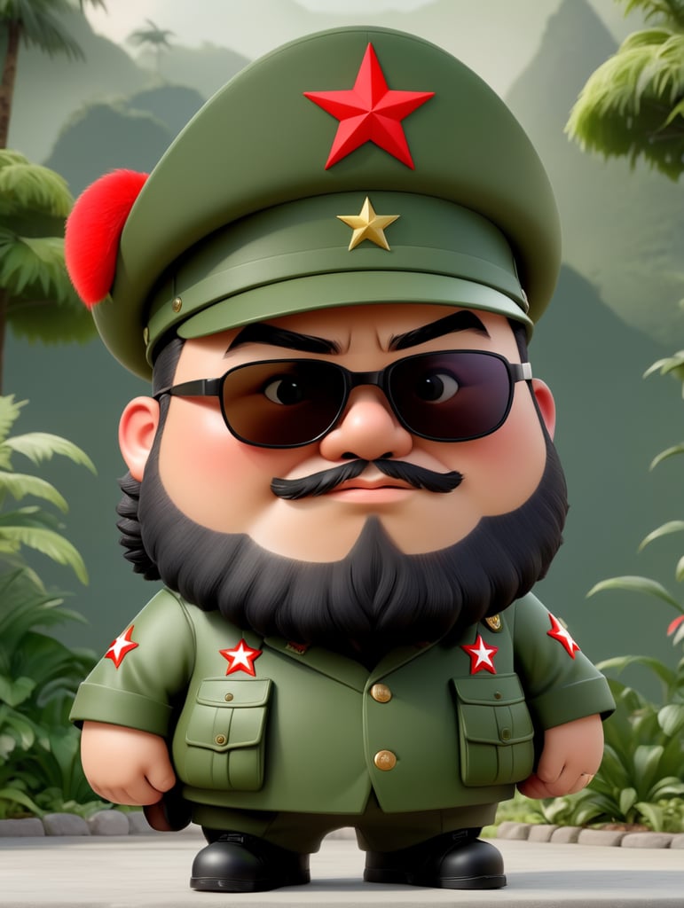 Che guevara Chubby and fat funny cute version with chinese soldier hat with red star pin,big and long hairy beard wear sun glasses square like guerilla, wearing green army jacket from vietnam wars background oval room white house