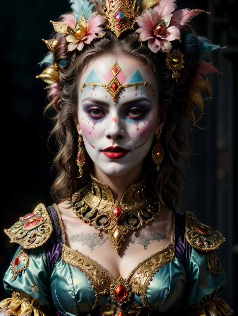 Epic portrait of tvenetian harlequin female clown in pastels and gold intricate embellishments and geometric patterns and designs, high definition, photography, cinematic, detailed character portrait, detailed and intricate environment, strong breeze, nevus under left eye, detailed and intricate environment