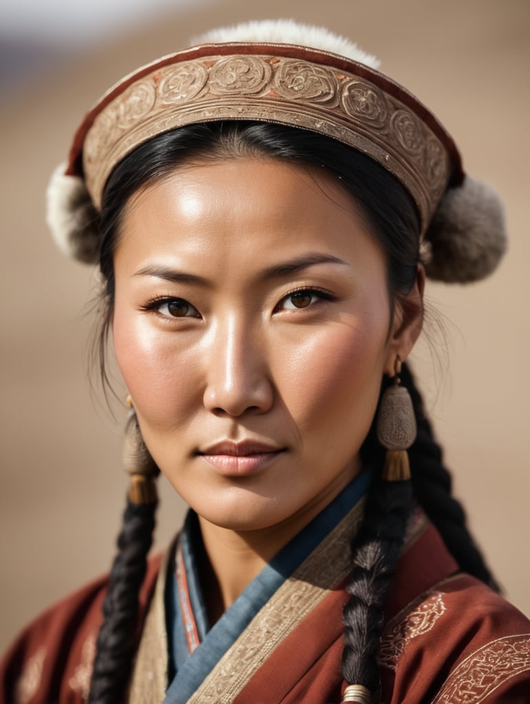 Portrait of a Mongolian woman in traditional clothes, tanned