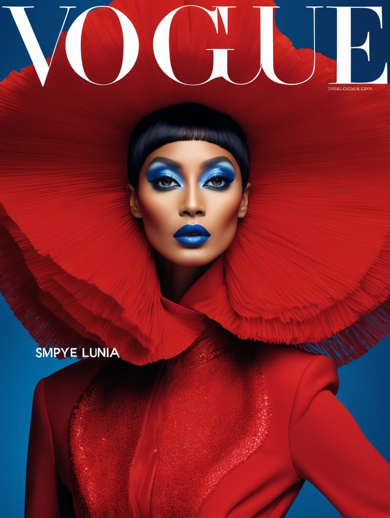 Vogue cover, Donyale luna, avant-garde, simplygo, photoshoot spread, dressed in all red, blue background, harpers bizarre, cover, headshot, hyper realistic