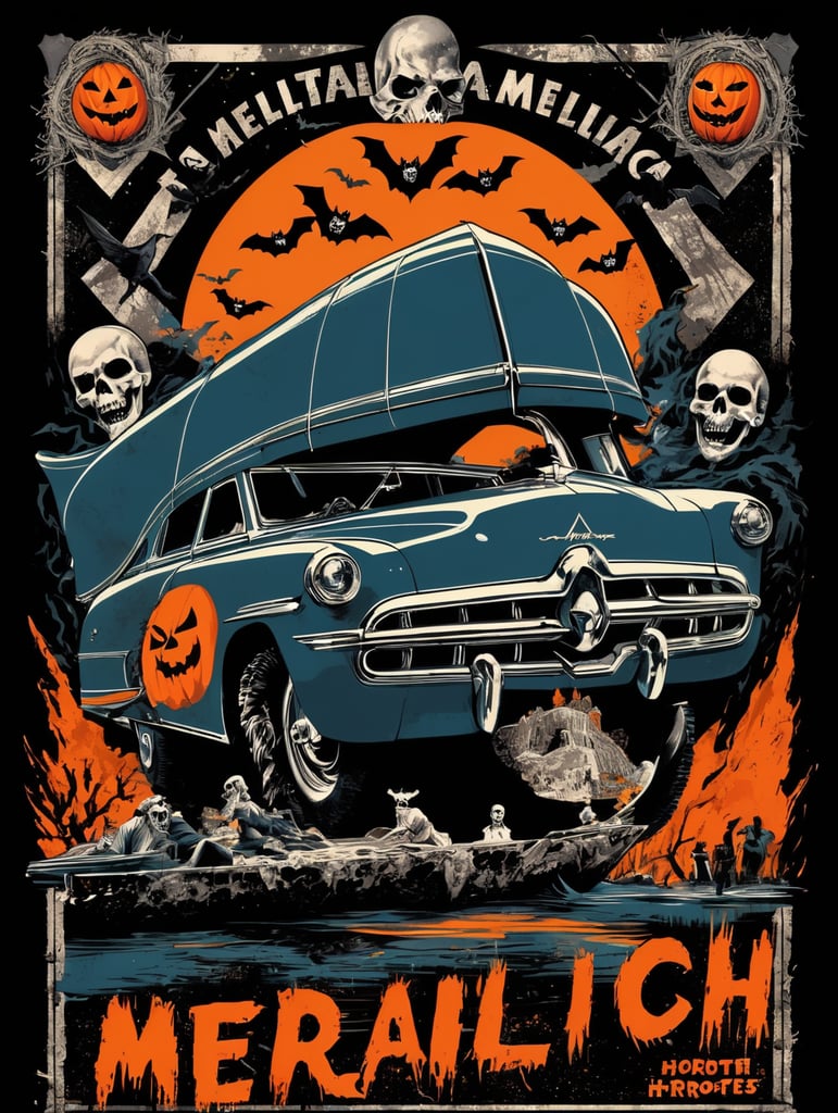 1950's b-movie horror halloween t-shirt print design featuring METALLICA BRAND LOGO