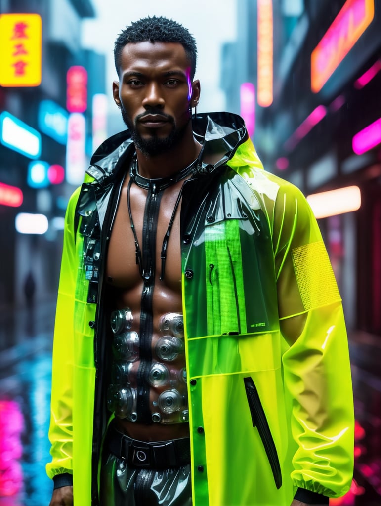 Cyborg black man wearing transparent raincoat, cyborg parts, rainy dark and neon tokio photo shoot, cyberpunk style, bright colours, high contrast, contrast lights