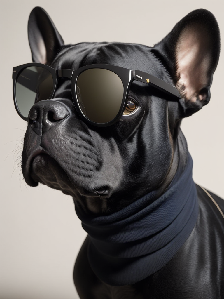 a young black french bulldog with white chin in a (((black turtle neck shirt Andy warhol style))) wearing Ray-Ban sunglasses. sharp focus, highly detailed, photorealistic photoreal: 1.4, lifelike,highly detailed CG unified 8K,looking at the viewer smiling, (HQ skin:1.4), 8k uhd, dslr, soft lighting, high quality, film grain, Fujifilm XT3. black turtle neck shirt