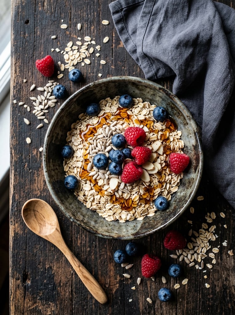 Top-down flat lay of a rustic breakfast bowl, mottled dark translucent bowl filled with rolled oats, sunflower seeds, plump blueberries, vibrant raspberries, glistening dark syrup drizzle, set on a dark weathered wooden surface, scattered raw oats and loose berries surrounding the bowl, light wooden spoon at bottom left, folded dark grey linen cloth at top right, directional natural lighting, soft shadows, high-contrast food photography, sharp focus, earthy tones with bright red and blue berry accents