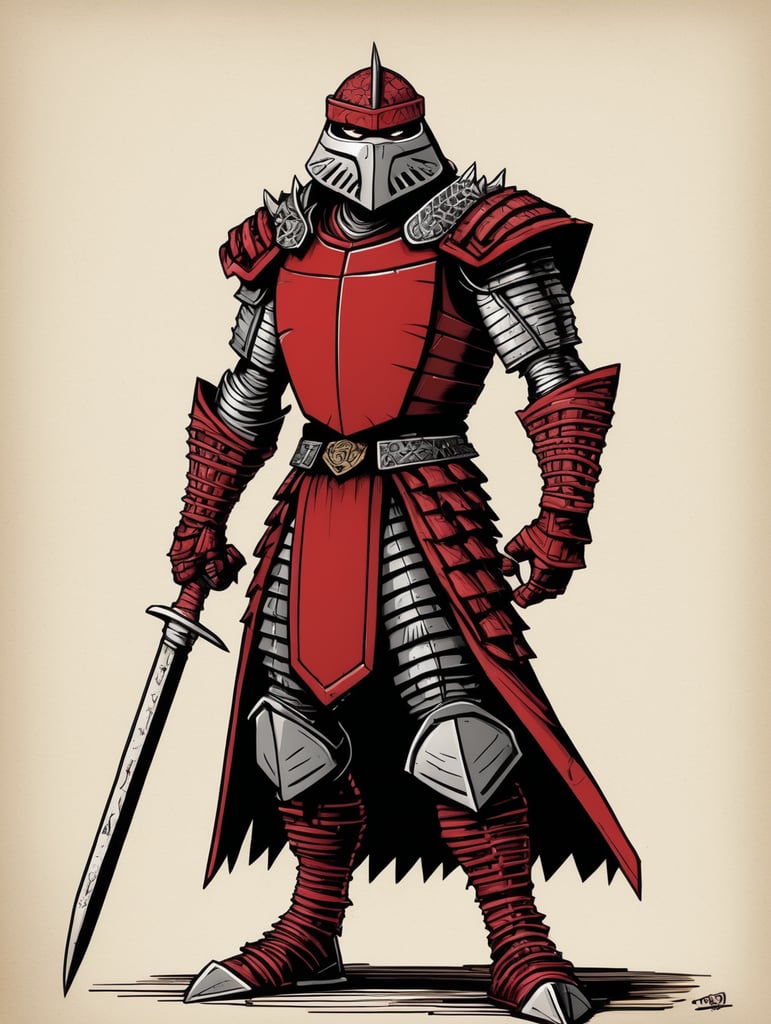 Detailed pen and ink illustration of shredder from tmnt, full body, detailed anthropology, minimalist background, by herge, in the style of tin-tin comics, black and red, detailed, high quality