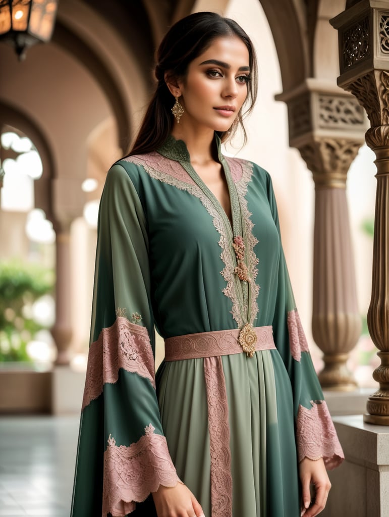 FULL BODY ABAYA sage green and dusty rose spliced with lace ABAYA