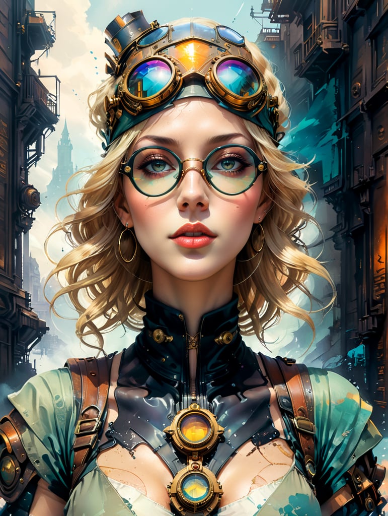 ((Masterpiece)), Photograph of a Steampunk Woman with glasses, Blonde hair, Adventurers outfit, (Hat with Goggles), Art Deco, style of Jules Vern, in a Victorian City, Extremely Detailed, Intricate