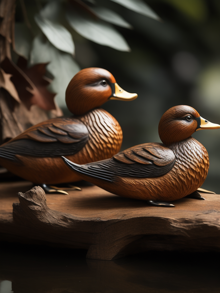 a deep carved wooden duck, sharp on details