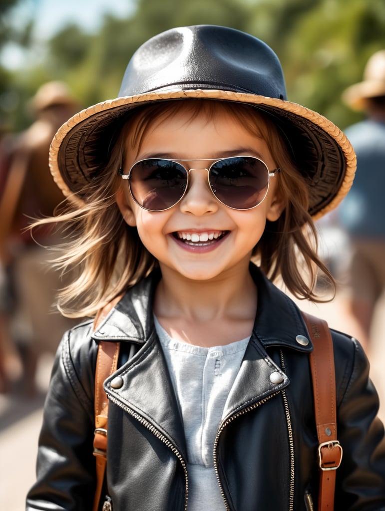 photo happy little girl going to travel, cute girl, leather jacket, straw hat, sunglasses, harpers bizarre, cover, headshot, hyper realistic