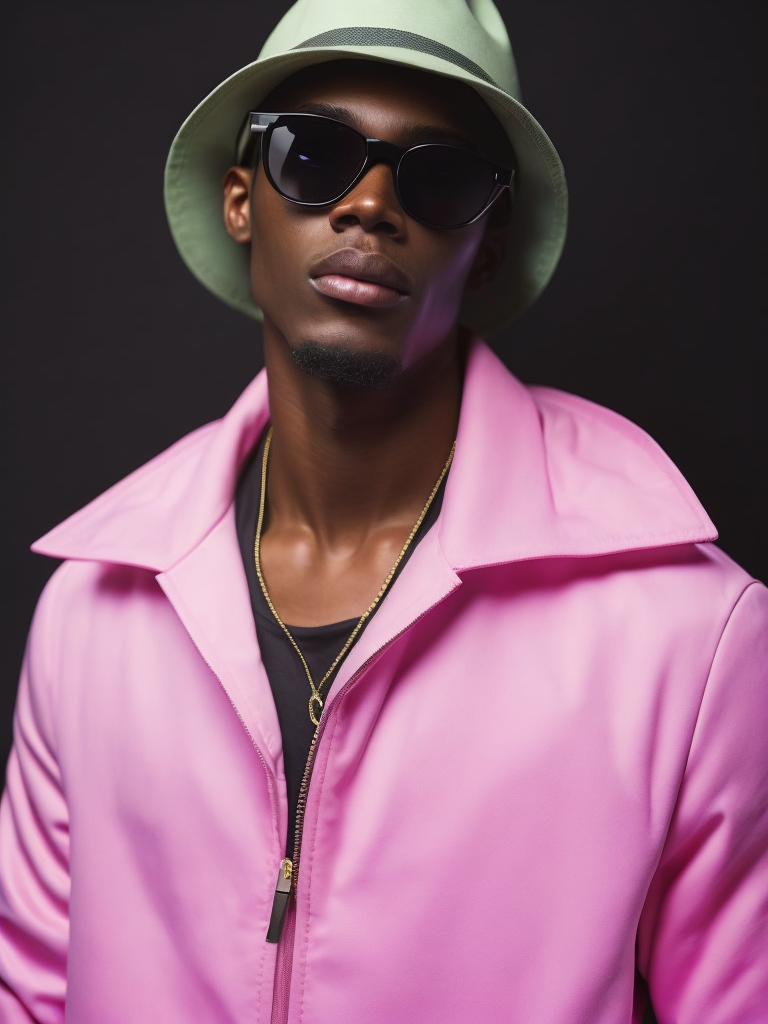 Black male fashion model, Wearing a pink jacket and a green panama hat, large black sunglasses, Black background, Bright and rich colors, bright saturated color, sharp focus,