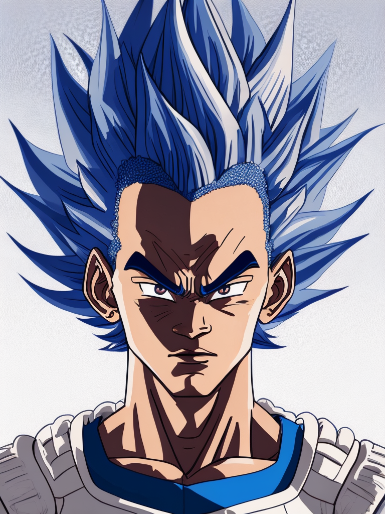 Will Smith as Dragon Ball character Vegeta, aggressive face, blue and white suit, spiky hairstyle, bright saturated colors, bright gradient background,