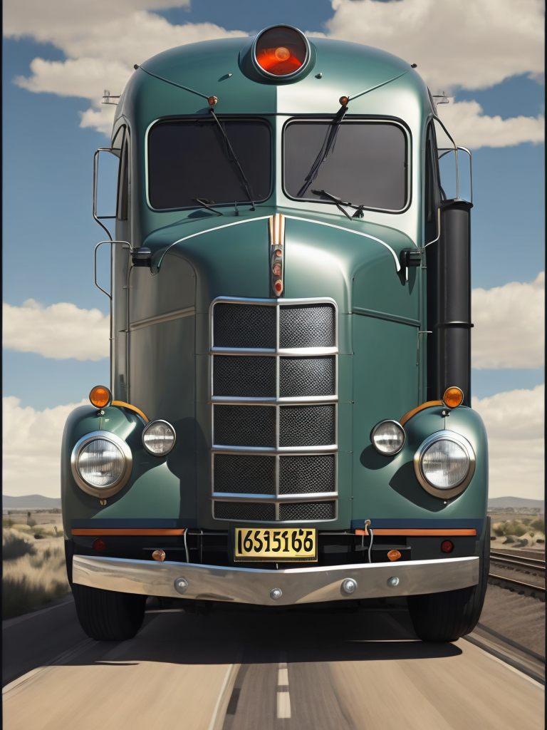 flat nose truck, cabover, locomotive, train, on wheels, tires, art deco, art nouveau, streamline, front window, tall