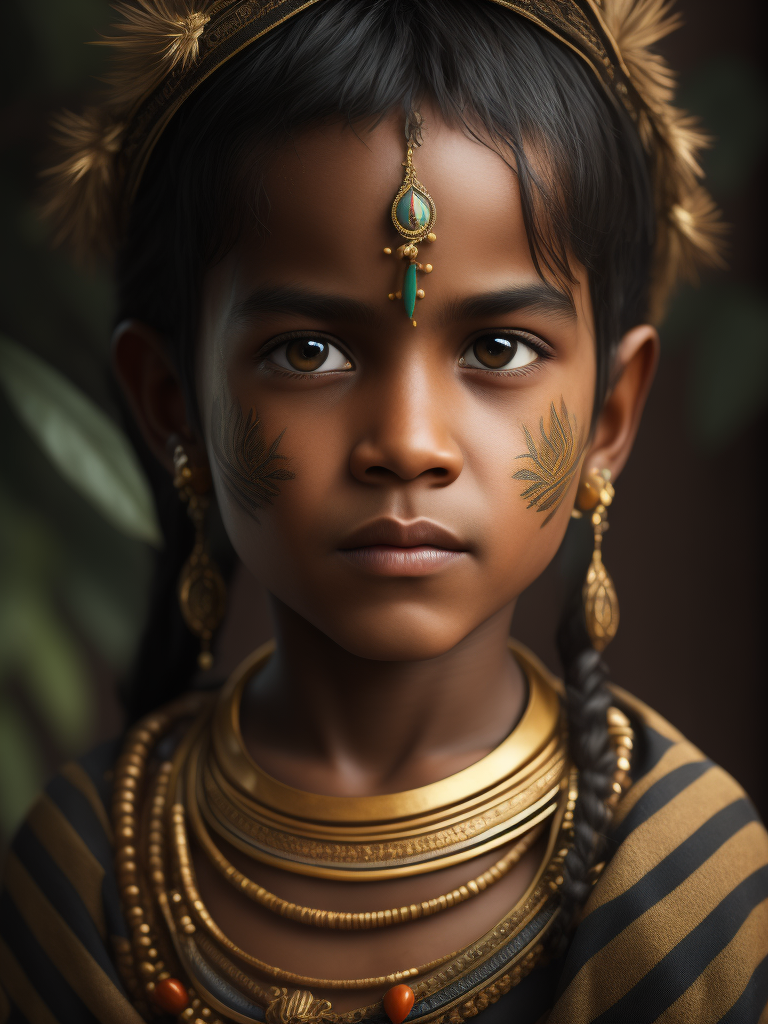 Portrait of an Brazilian Indian child, high definition, photography, cinematic, detailed character portrait, detailed and intricate environment