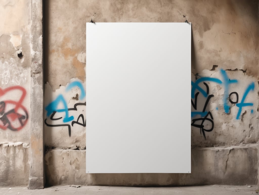 a white blank poster hangs on an old shabby wall with graffiti, the corner of the poster is bent, people are blurred, daylight, mockup, mock up