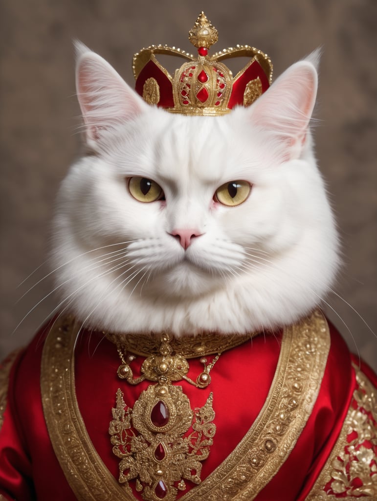 a Persian white cat in royal clothes from year 1500 in red clothes