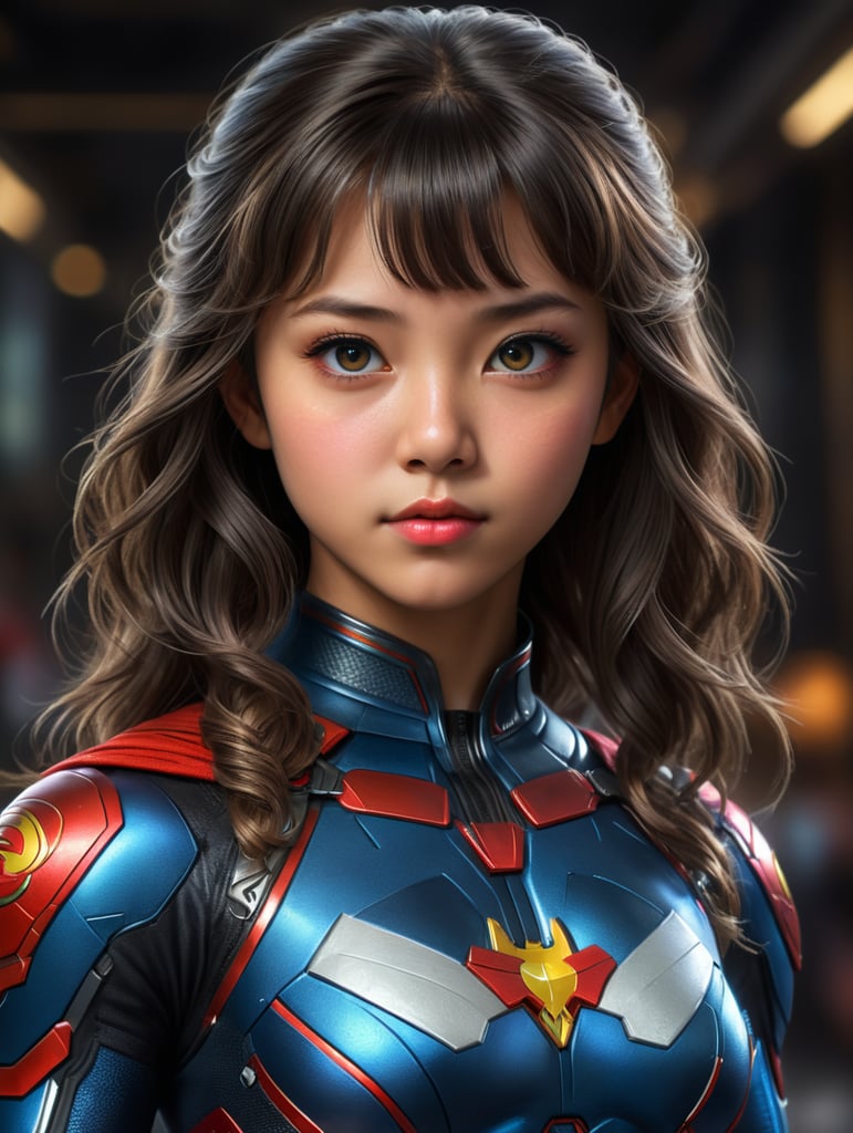 teenage girl superhero with strong pose and cute face, Chinese eyes , need to have front hair bangs in her super girl suit