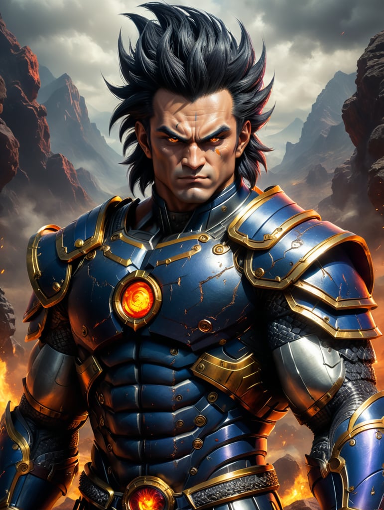 Garlisk is a Saiyan with wild dark hair, piercing dark eyes, and a masculine-toned body. He often dons traditional Saiyan armor, showcasing his heritage and pride.