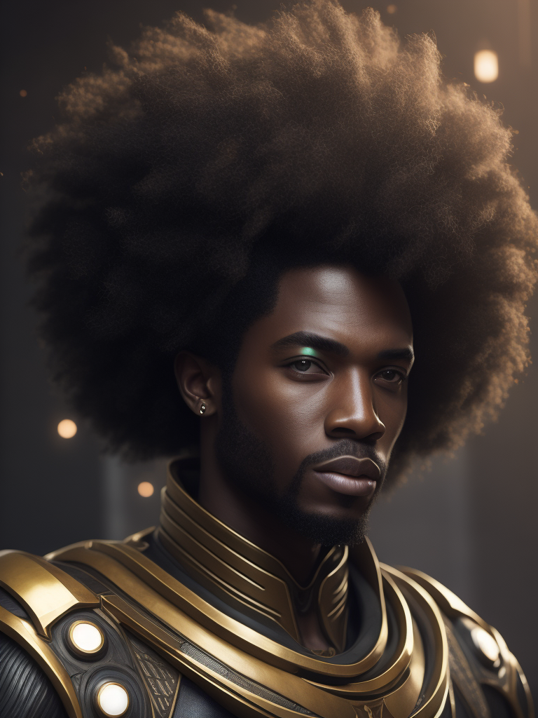 portrait of a male character, afro, with futuristic touches and that is an African god