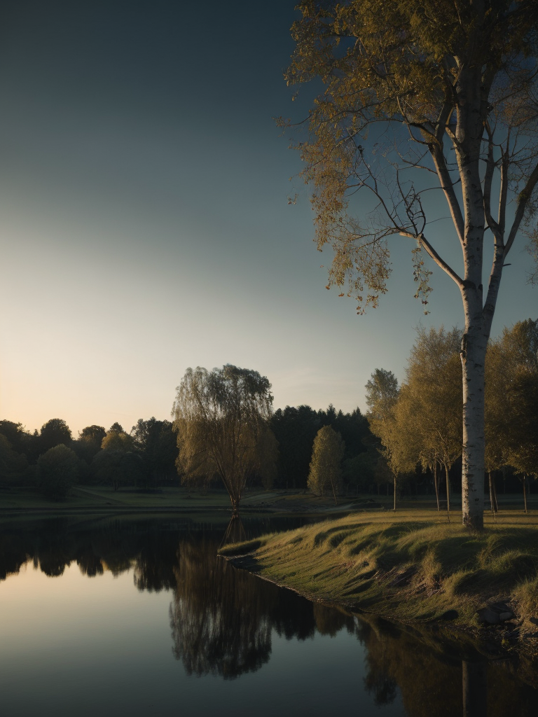 вечер в подмосковье. Много берез и озеро