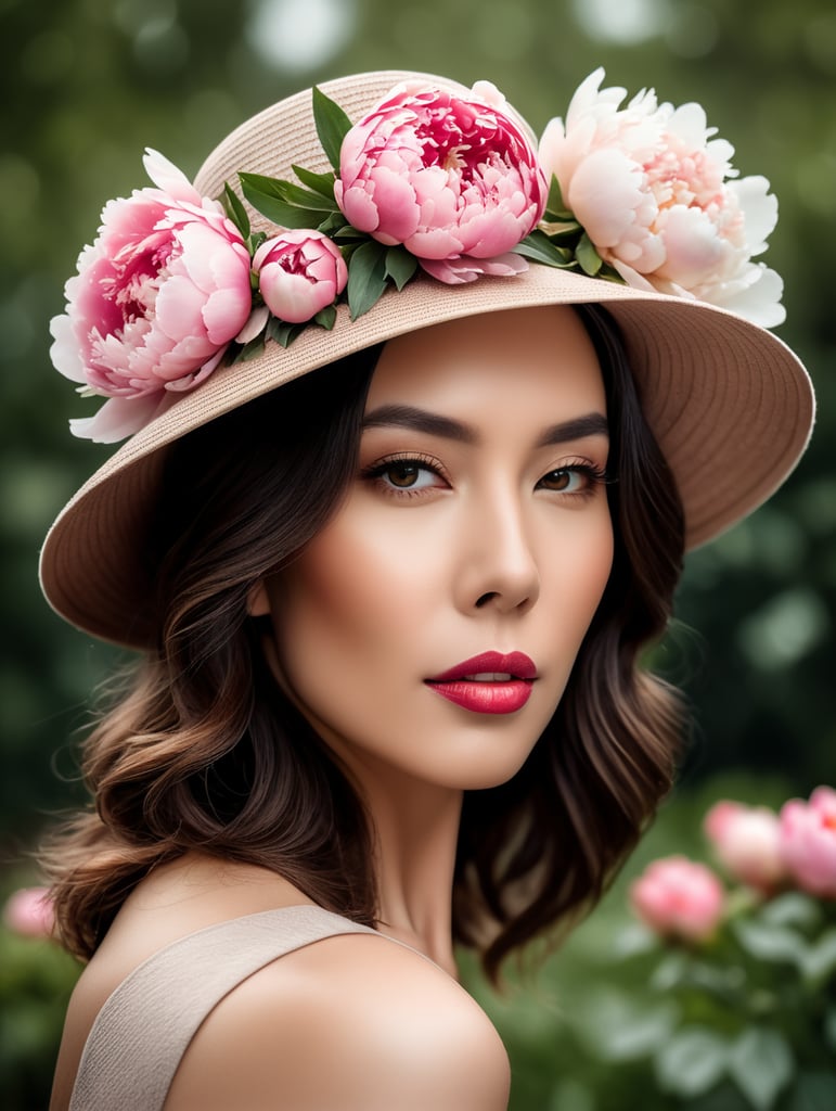 a hat with peonies on a woman's head