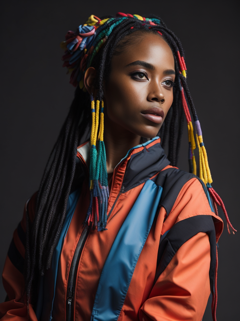 Beautiful dark-skinned girl with pigtails, bright elements woven into pigtails, bright makeup, multi-colored jacket, black background