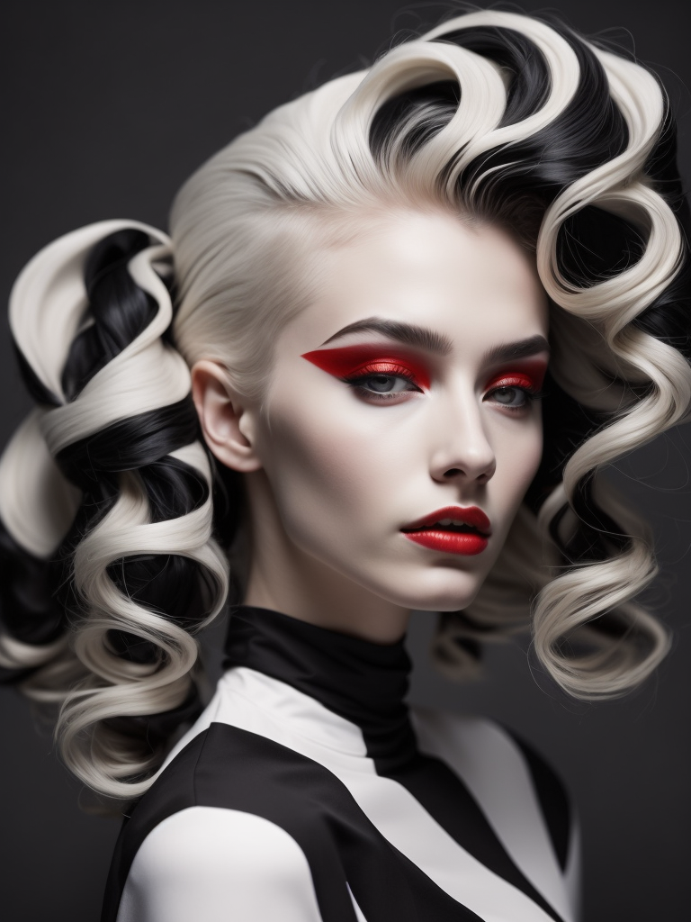 Pale-skinned girl model, wearing a black and white striped dress with a high collar, contrast lighting, Bright red make-up, Black and white curly long hair, dark background, fashion model, magazine cover, professional shot,