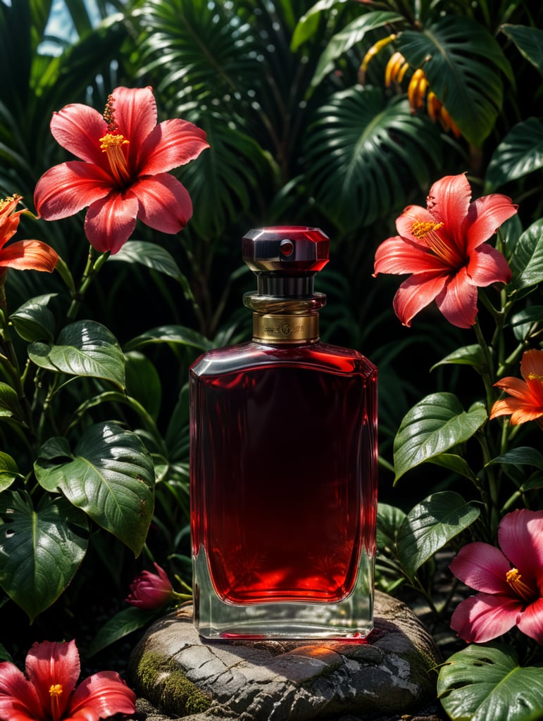 an ad shot of a plain perfume red bottle in a tropical setting with lots of flowers in a summer setting, professionally color graded, award-winning image